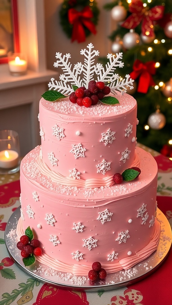 Elegant Pink Christmas Cake - 2 Tier Recipe Elegant two-tier pink Christmas cake with festive decorations on a holiday table.